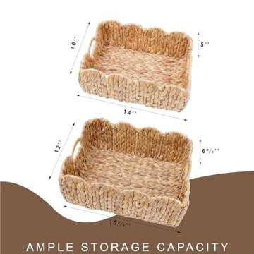 LUSYDECO Large Wicker Storage Basket 16"L x 12"W x 7"H, Rectangle Water Hyacinth Basket for Organizing, Decorative Woven Rattan Baskets, Scalloped Edge Basket with Built-in Handles, Set of 2