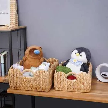 LUSYDECO Large Wicker Storage Basket 16"L x 12"W x 7"H, Rectangle Water Hyacinth Basket for Organizing, Decorative Woven Rattan Baskets, Scalloped Edge Basket with Built-in Handles, Set of 2