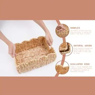 LUSYDECO Large Wicker Storage Basket 16"L x 12"W x 7"H, Rectangle Water Hyacinth Basket for Organizing, Decorative Woven Rattan Baskets, Scalloped Edge Basket with Built-in Handles, Set of 2