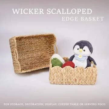 LUSYDECO Large Wicker Storage Basket 16"L x 12"W x 7"H, Rectangle Water Hyacinth Basket for Organizing, Decorative Woven Rattan Baskets, Scalloped Edge Basket with Built-in Handles, Set of 2