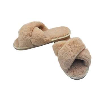 Beige Cross Slippers Fuzzy Fluffy Faux Fur House SPA Cute Open Toe Slippers for Women Girl