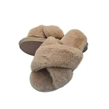 Beige Cross Slippers Fuzzy Fluffy Faux Fur House SPA Cute Open Toe Slippers for Women Girl