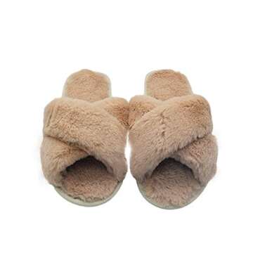 Beige Cross Slippers Fuzzy Fluffy Faux Fur House SPA Cute Open Toe Slippers for Women Girl