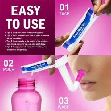 Neti Pot Sinus Rinse Bottle Nose Wash Cleaner Pressure Rinse Nasal Irrigation for Adult & Kid BPA Free 300 ML with 30 Nasal Wash Salt Packets and Sticker Thermometer (Pink)