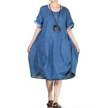 Minibee Women's Ruffle Oversize Casual Midi Dresses with Pockets (L, Denim Blue)