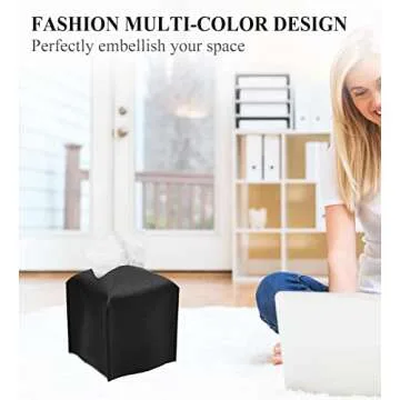 Livelab Tissue Box Cover, Square Decorative PU Leather Tissue Box Holder Modern Tissue Case Facial Paper Organizer Dispenser for Bathroom, Vanity Countertop, Night Stands, Desk, Car 5X5X5'' | Black