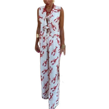 SOOKABEILA Women Y2k 2 Piece Tie Front Pajamas Set Sleeveless Lobster Print Lace Up Vest High Waist ...