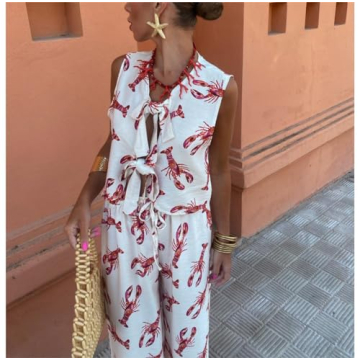 SOOKABEILA Women Y2k 2 Piece Tie Front Pajamas Set Sleeveless Lobster Print Lace Up Vest High Waist Pants Lounge Sets (boho 2729 white,S)
