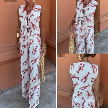 SOOKABEILA Women Y2k 2 Piece Tie Front Pajamas Set Sleeveless Lobster Print Lace Up Vest High Waist Pants Lounge Sets (boho 2729 white,S)