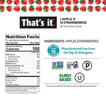 That's it. Apple + Strawberry 100% Natural Real Fruit Bar, Best High Fiber Vegan, Gluten Free Healthy Snack, Paleo for Children & Adults, Non GMO No Sugar Added, No Preservatives Energy Food (12 Pack)