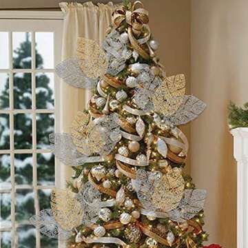 AILANDA 20PCS 14Inches Christmas Glitter Poinsettia Flowers Artificial Christmas Poinsettias Gold Silver Leaves Silk Flowers Christmas Picks Tree Ornaments for Christmas Decor Wreaths Garland