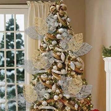 AILANDA 20PCS 14Inches Christmas Glitter Poinsettia Flowers Artificial Christmas Poinsettias Gold Silver Leaves Silk Flowers Christmas Picks Tree Ornaments for Christmas Decor Wreaths Garland