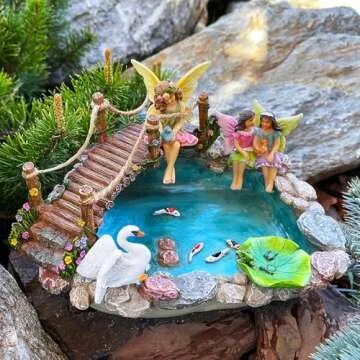 Mood Lab Fairy Garden Fish Pond Kit - Miniature Bridge Set of 6 pcs Fairy Garden Figurines & Accessories - Outdoor or House Decor