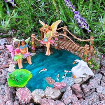 Mood Lab Fairy Garden Fish Pond Kit - Miniature Bridge Set of 6 pcs Fairy Garden Figurines & Accessories - Outdoor or House Decor