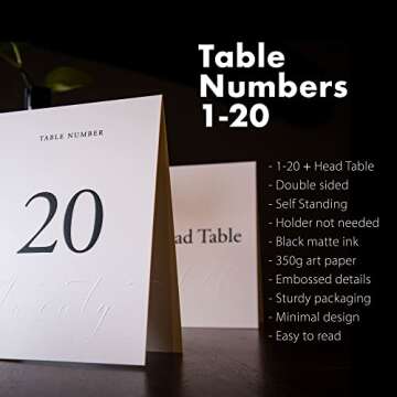 Siko Table Numbers 1-20 - Double Sided Wedding Table Numbers with Head Table Card & Embossed Details...