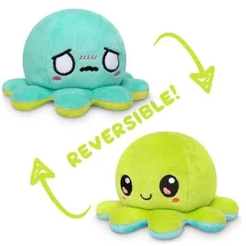 TeeTurtle - The Original Reversible Octopus Plushie - Green Happy + Aqua Worried - Cute Sensory Fidget Stuffed Animals That Show Your Mood, 4 inch