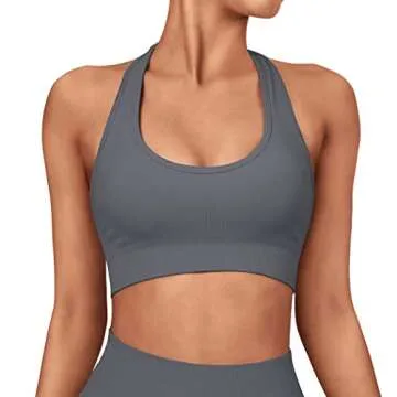 SUUKSESS Women Seamless Halter Sports Bra Open Back Padded Workout Crop Tank Tops (Grey Black, M)