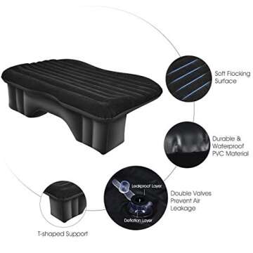 Goplus Inflatable Car Air Mattress, Backseat SUV Air Bed with Pillow, Portable Truck Air Mattress for Camping, Travel, Rest, Thickened Home Sleeping Pad w/Flocking Surface, Electric Air Pump, Black