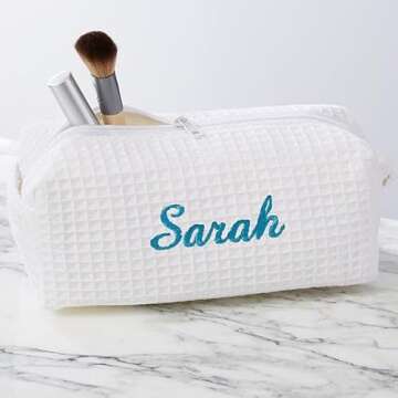 Personalization Universe Personalized Ladies Embroidered Makeup Bag - Waffle Weave, Machine Washable...