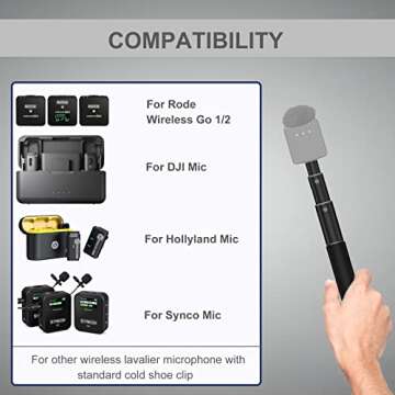 RECFINE Wireless Microphone Interview Handle for RODE Wireless GO I II, 18.5" Extension Handheld with Cold Shoes Clip Adapter and Tripod for DJI Hollyland Lark 150 Movo SYNCO G1/A2 Lavalier Mic