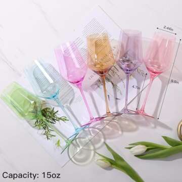 Physkoa Colored Wine Glasses Set of 6-15oz Hand Blown Crystal Colorful Wine Glasses with Long Stem, ...