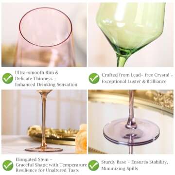 Physkoa Colored Wine Glasses Set of 6-15oz Hand Blown Crystal Colorful Wine Glasses with Long Stem, Multicolor Wine Glass for Wine Lovers, Wedding, Birthday Valentines Day Gifts for Women