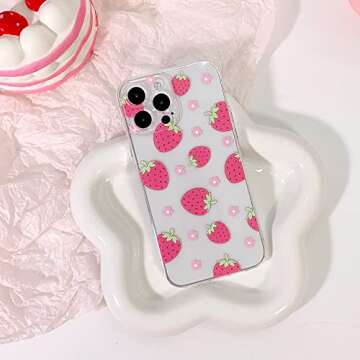 Lovmooful Compatible for iPhone 15 Pro Max Case Cute Clear Oil Flower Floral Strawberry Design for G...