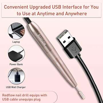 RedFlow Electric Nail Drill, Acrylic Nail Drill Kit, for Nail File Exfoliating Abrasive Nail Drill Machine, with 11 Pcs Nail Drill Bits, Brush,Nail Cutter and 50 Sanding Bands Nail Drill Set (Gold)