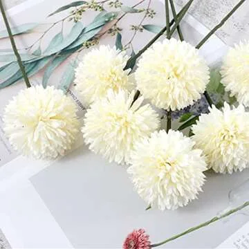 HinyoCo 30 Pcs Artificial Chrysanthemums Heads Ball Flowers，Silk Chrysanthemum Ball Bouquet White Bouquets Hydrangea for Home Office Coffee House Parties and Wedding（Milk White）