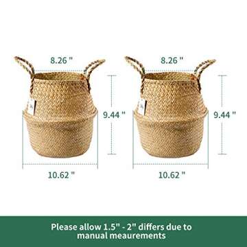 POTEY 720301 2 Pack Seagrass Plant Basket - Hand Woven Belly Basket with Handles, Storage Laundry, Picnic, Plant Pot Cover, Home Decor and Woven Straw Beach Bag (Middle,Brown)