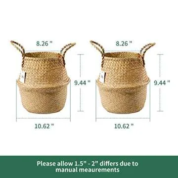 POTEY 720301 2 Pack Seagrass Plant Basket - Hand Woven Belly Basket with Handles, Storage Laundry, Picnic, Plant Pot Cover, Home Decor and Woven Straw Beach Bag (Middle,Brown)
