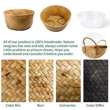 POTEY 720301 2 Pack Seagrass Plant Basket - Hand Woven Belly Basket with Handles, Storage Laundry, Picnic, Plant Pot Cover, Home Decor and Woven Straw Beach Bag (Middle,Brown)
