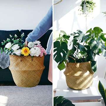 POTEY 720301 2 Pack Seagrass Plant Basket - Hand Woven Belly Basket with Handles, Storage Laundry, Picnic, Plant Pot Cover, Home Decor and Woven Straw Beach Bag (Middle,Brown)