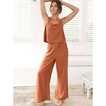 ANRABESS Women's 2 Piece Outfits Linen Pants Jumpsuit Matching Lounge Set Casual Summer Beach Vacation Trendy Clothes Rust Medium