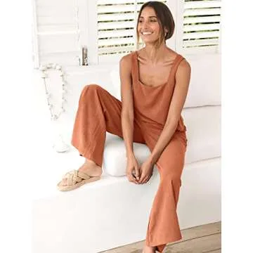 ANRABESS Women's 2 Piece Outfits Linen Pants Jumpsuit Matching Lounge Set Casual Summer Beach Vacation Trendy Clothes Rust Medium