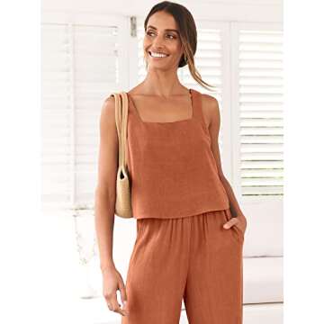 ANRABESS Women's 2 Piece Outfits Linen Pants Jumpsuit Matching Lounge Set Casual Summer Beach Vacation Trendy Clothes Rust Medium