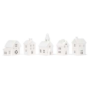 Mark Feldstein & Associates Village with Trees Winter White Glazed Porcelain Holiday Tabletop Figuri...