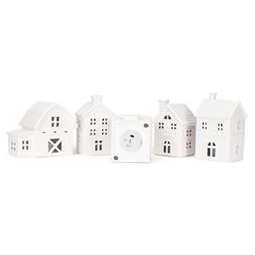 Mark Feldstein & Associates Village with Trees Winter White Glazed Porcelain Holiday Tabletop Figurines, Set of 11, 7 Inch