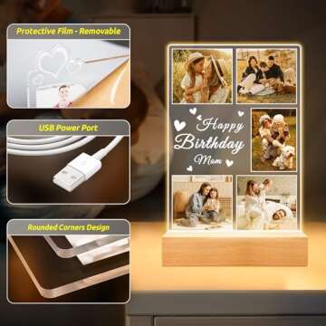 Personalized Birthday Gifts for Mom from Daughter Son, Custom Collage Picture Frames with Night Light, Customized Acrylic Plaque Photo Frame, Personalized Photo Gifts for Mom, Baby, Kids, Family