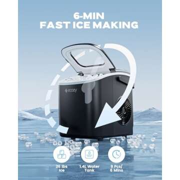 ecozy Ice Makers Countertop, Portable Ice Machine with Carry Handle, Ice in 6Mins, 26 lbs/Day, Auto-...