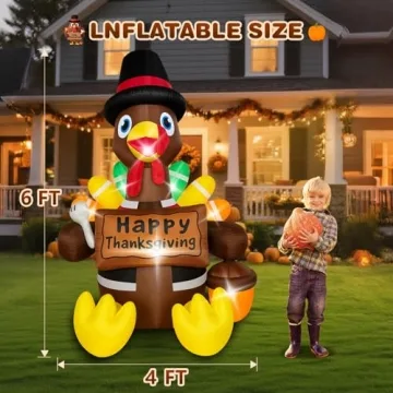 Colorful 6FT Thanksgiving Turkey Inflatable with LED Lights for Outdoor Decorations