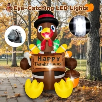 6FT Thanksgiving Inflatable Turkey with LED Lights