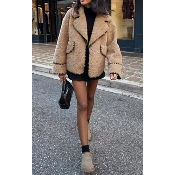 chouyatou Women's Winter Casual Embroidered Sherpa Jacket Notch Lapel Fuzzy Faux Fur Fleece Jacket Coat (Medium, Khaki)