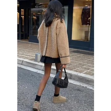 chouyatou Women's Winter Casual Embroidered Sherpa Jacket Notch Lapel Fuzzy Faux Fur Fleece Jacket Coat (Medium, Khaki)