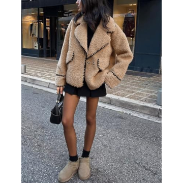 chouyatou Women's Winter Casual Embroidered Sherpa Jacket Notch Lapel Fuzzy Faux Fur Fleece Jacket Coat (Medium, Khaki)