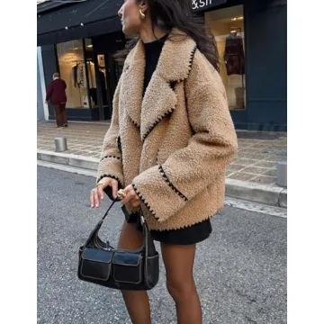 chouyatou Women's Winter Casual Embroidered Sherpa Jacket Notch Lapel Fuzzy Faux Fur Fleece Jacket Coat (Medium, Khaki)