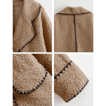chouyatou Women's Winter Casual Embroidered Sherpa Jacket Notch Lapel Fuzzy Faux Fur Fleece Jacket Coat (Medium, Khaki)