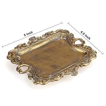 Vintage Gold Small Jewelry Tray Rustic Ring Dish Plate Antique Earring Necklace Brass Tray Cute Trinket Dish Home Decor Gift Mini Decorative Wedding Little Jewelry Display Holder Trays
