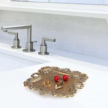 Vintage Gold Small Jewelry Tray Rustic Ring Dish Plate Antique Earring Necklace Brass Tray Cute Trinket Dish Home Decor Gift Mini Decorative Wedding Little Jewelry Display Holder Trays