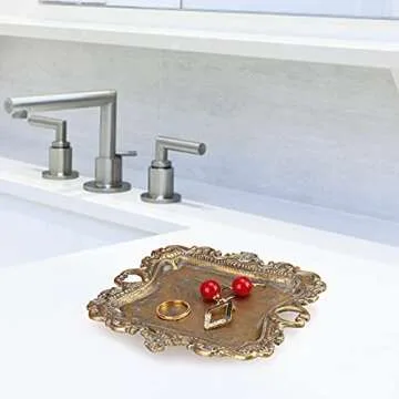 Vintage Gold Small Jewelry Tray Rustic Ring Dish Plate Antique Earring Necklace Brass Tray Cute Trinket Dish Home Decor Gift Mini Decorative Wedding Little Jewelry Display Holder Trays